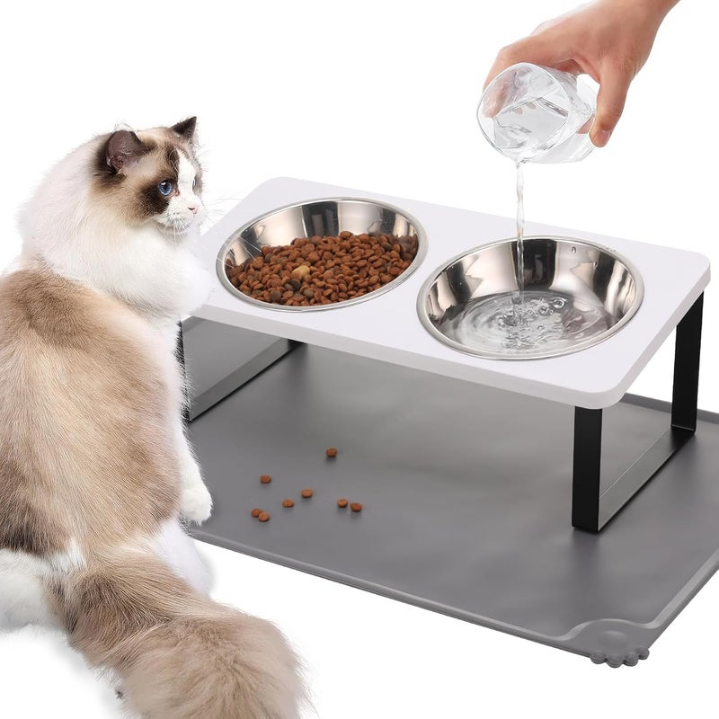 Summark Upgraded Elevated Cat Bowls with Food Mat,15°Tilted Stand Anti Vomiting Raised Cat Dishes for Food and Water,2 Stainless Steel Bowls for Cats and Puppy（White） - Image 1